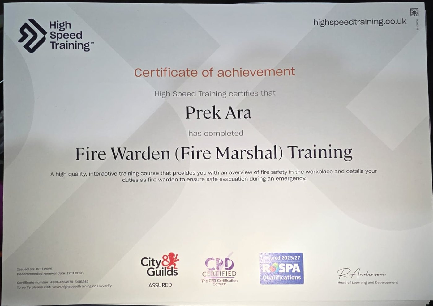 ARA Construction & Design accredited training certificate